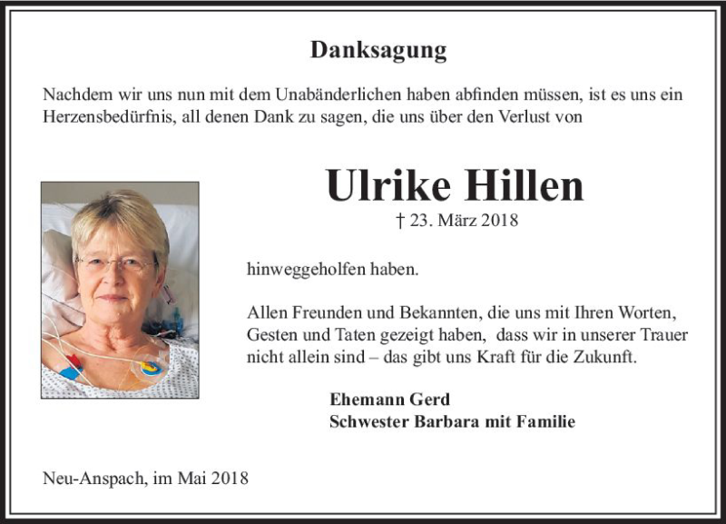  Traueranzeige für Ulrike Hillen vom 05.05.2018 aus  Usinger Anzeiger