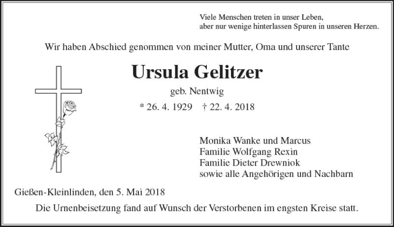  Traueranzeige für Ursula Gelitzer vom 05.05.2018 aus  Gießener Anzeiger