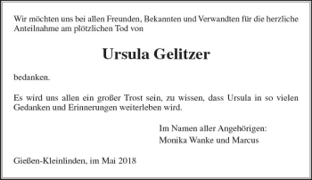 Traueranzeige von Ursula Gelitzer von  Gießener Anzeiger