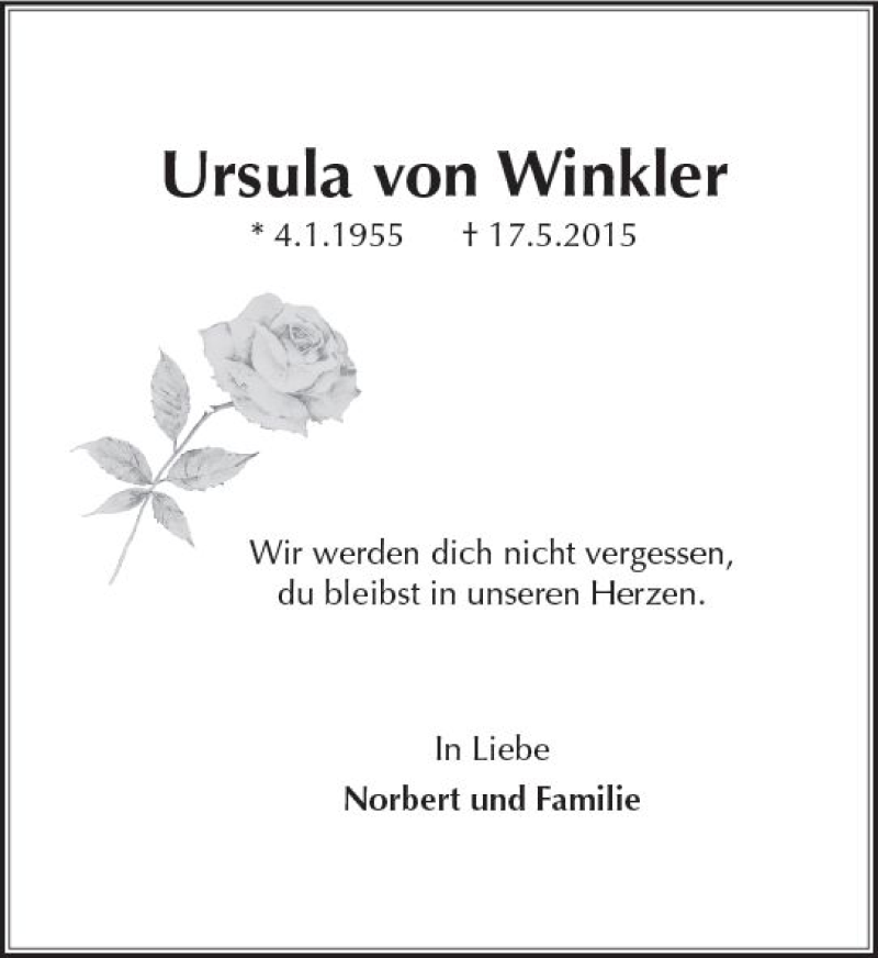  Traueranzeige für Ursula von Winkler vom 17.05.2018 aus Trauerportal Rhein Main Presse