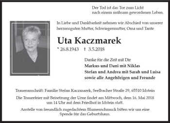 Traueranzeige von Uta Kaczmarek von Trauerportal Rhein Main Presse