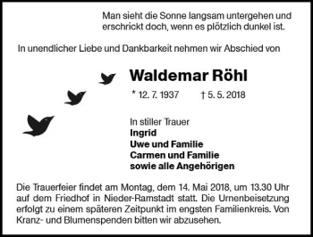 Traueranzeige von Waldemar Röhl von Trauerportal Rhein Main Presse