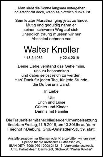 Traueranzeige von Walter Knoller von Trauerportal Rhein Main Presse