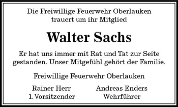 Traueranzeige von Walter Sachs von  Usinger Anzeiger