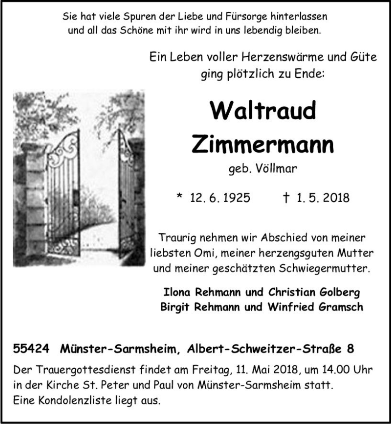  Traueranzeige für Waltraud Zimmermann vom 07.05.2018 aus Trauerportal Rhein Main Presse