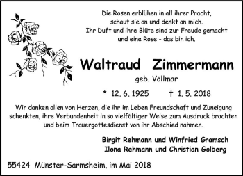 Traueranzeige von Waltraud Zimmermann von Trauerportal Rhein Main Presse