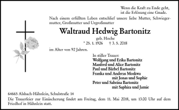 Traueranzeige von Waltraud Hedwig Bartonitz von Trauerportal Rhein Main Presse