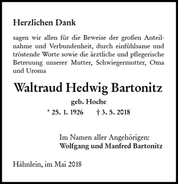 Traueranzeige von Waltraud Hedwig Bartonitz von Trauerportal Rhein Main Presse