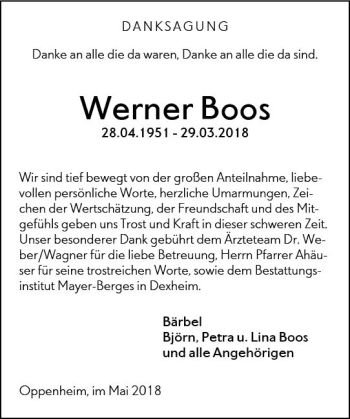Traueranzeige von Werner Boos von Trauerportal Rhein Main Presse