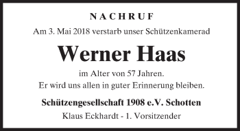 Traueranzeige von Werner Haas von  Kreisanzeiger