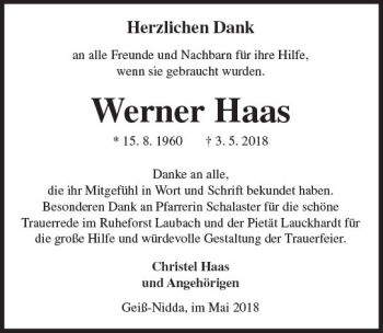 Traueranzeige von Werner Haas von  Kreisanzeiger