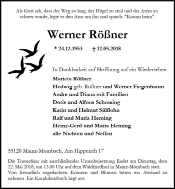 Traueranzeige von Werner Rößner von Trauerportal Rhein Main Presse
