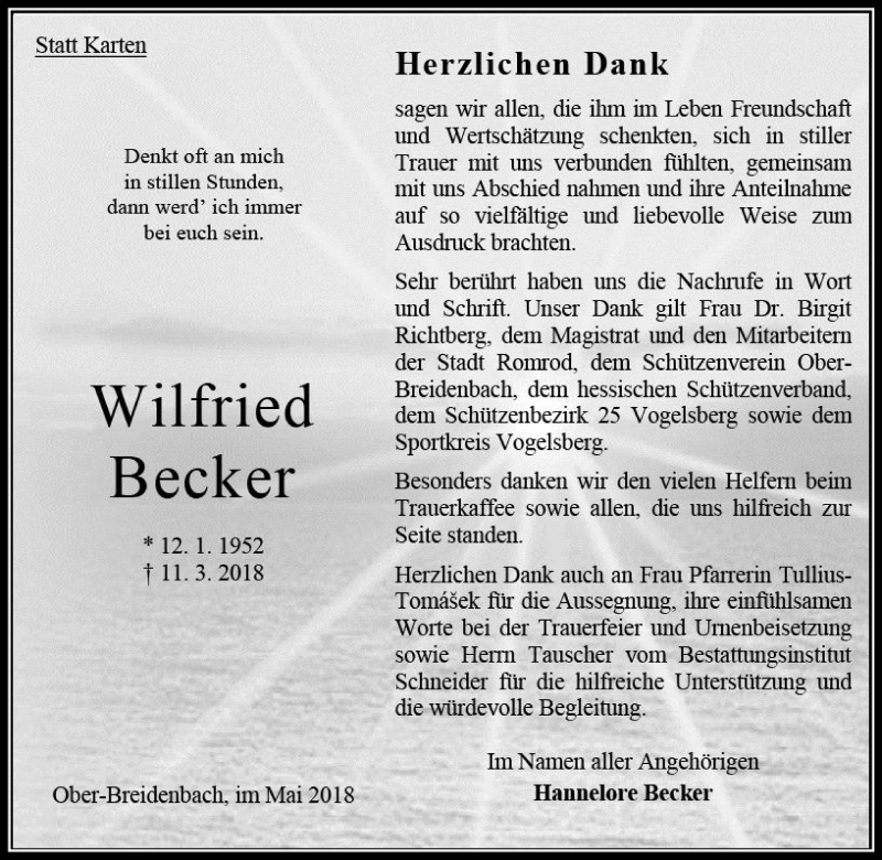  Traueranzeige für Wilfried Becker vom 05.05.2018 aus VRM Trauer