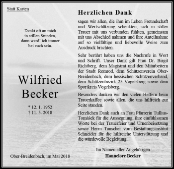 Traueranzeige von Wilfried Becker von VRM Trauer