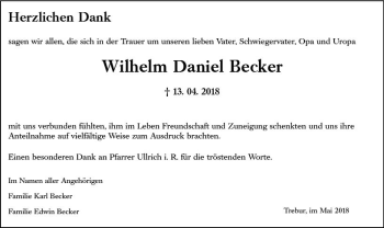 Traueranzeige von Wilhelm Daniel Becker von Trauerportal Rhein Main Presse