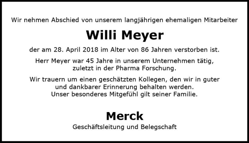  Traueranzeige für Willi Meyer vom 17.05.2018 aus Trauerportal Rhein Main Presse