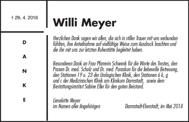  Traueranzeige für Willi Meyer vom 19.05.2018 aus Trauerportal Rhein Main Presse