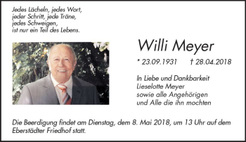 Traueranzeige von Willi Meyer von Trauerportal Rhein Main Presse
