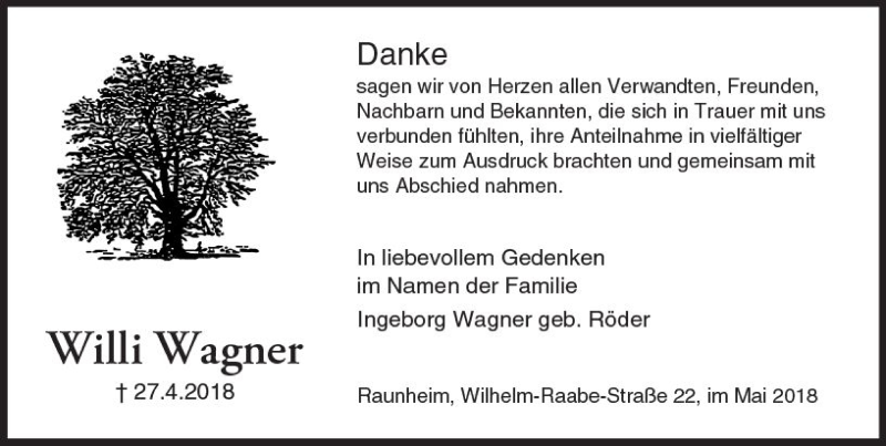  Traueranzeige für Willi Wagner vom 19.05.2018 aus Trauerportal Rhein Main Presse