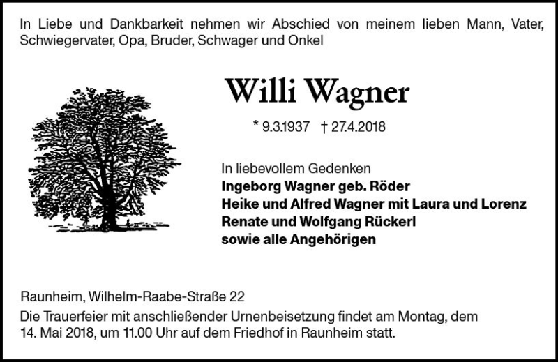  Traueranzeige für Willi Wagner vom 05.05.2018 aus Trauerportal Rhein Main Presse