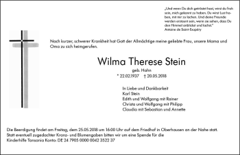 Traueranzeige von Wilma Therese Stein von Trauerportal Rhein Main Presse