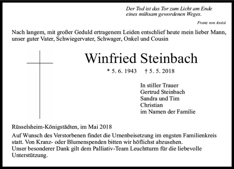  Traueranzeige für Winfried Steinbach vom 12.05.2018 aus Trauerportal Rhein Main Presse