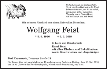 Traueranzeige von Wolfgang Feist von Trauerportal Rhein Main Presse