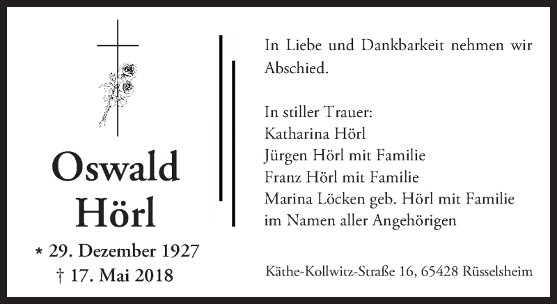  Traueranzeige für Oswald Hörl vom 02.06.2018 aus Trauerportal Rhein Main Presse