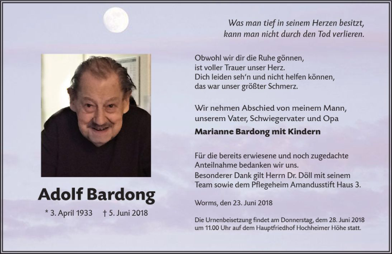 Traueranzeige für Adolf Bardong vom 23.06.2018 aus Trauerportal Rhein Main Presse