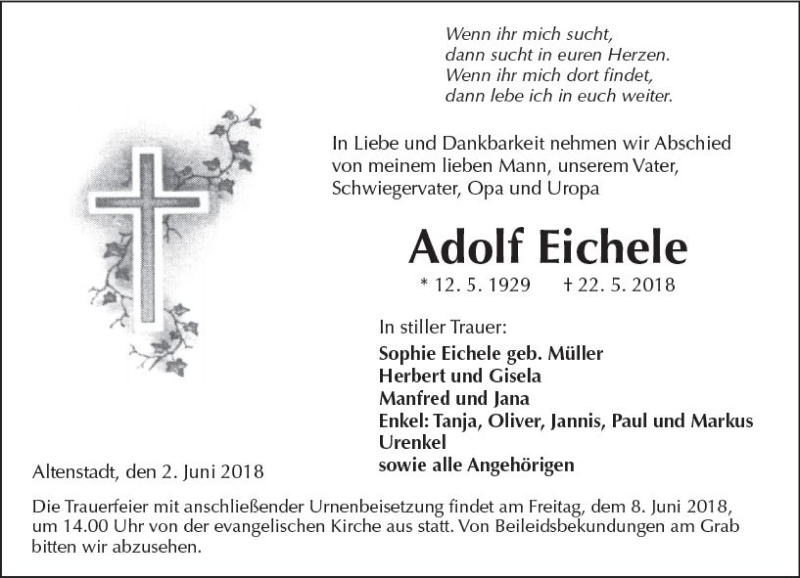  Traueranzeige für Adolf Eichele vom 02.06.2018 aus  Kreisanzeiger