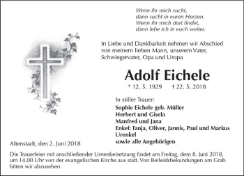 Traueranzeige von Adolf Eichele von  Kreisanzeiger
