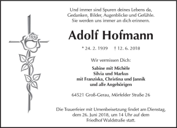 Traueranzeige von Adolf Hofmann von Trauerportal Rhein Main Presse