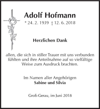 Traueranzeige von Adolf Hofmann von Trauerportal Rhein Main Presse