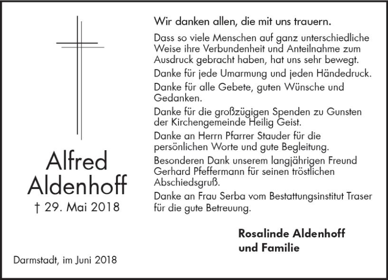  Traueranzeige für Alfred Aldenhoff vom 30.06.2018 aus Trauerportal Rhein Main Presse