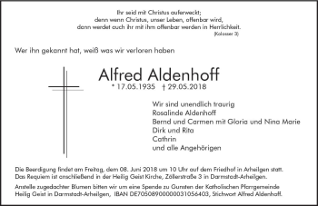 Traueranzeige von Alfred Aldenhoff von Trauerportal Rhein Main Presse