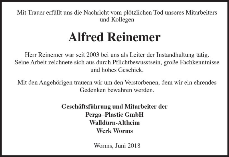  Traueranzeige für Alfred Reinemer vom 15.06.2018 aus Trauerportal Rhein Main Presse