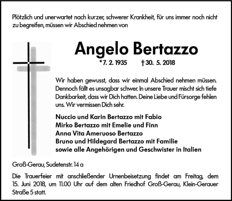  Traueranzeige für Angelo Bertazzo vom 09.06.2018 aus Trauerportal Rhein Main Presse