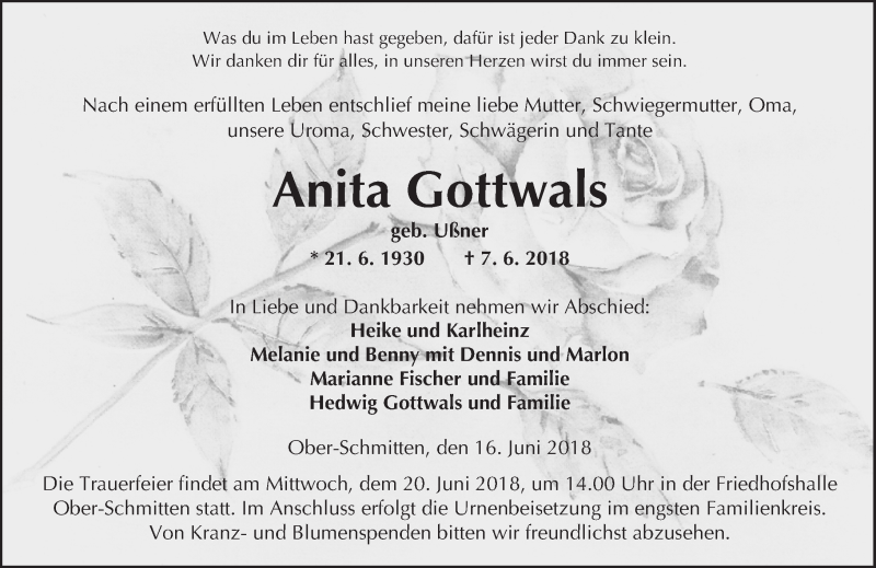  Traueranzeige für Anita Gottwals vom 16.06.2018 aus  Kreisanzeiger