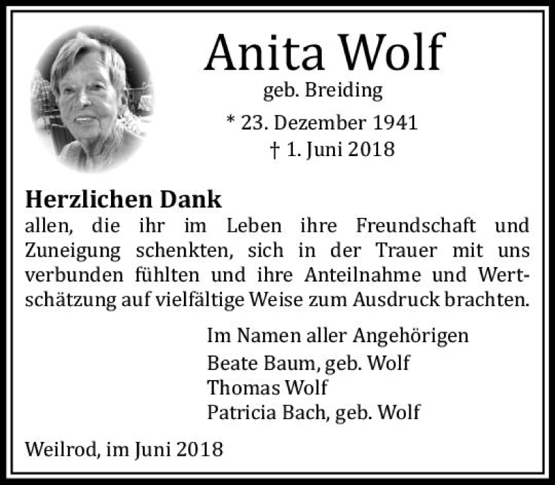  Traueranzeige für Anita Wolf vom 30.06.2018 aus  Usinger Anzeiger