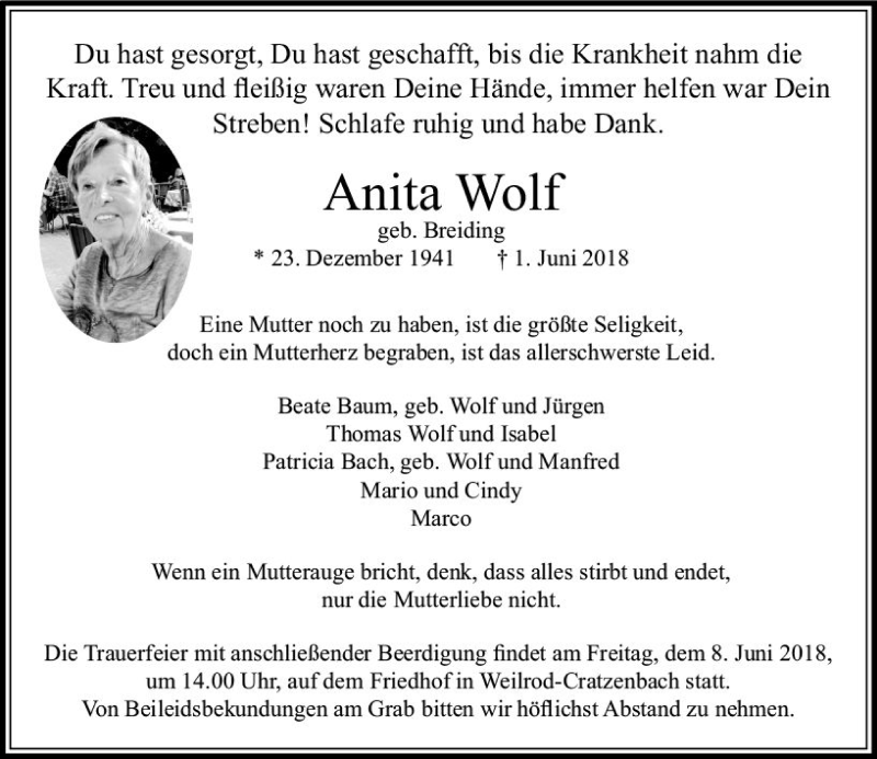  Traueranzeige für Anita Wolf vom 05.06.2018 aus  Usinger Anzeiger