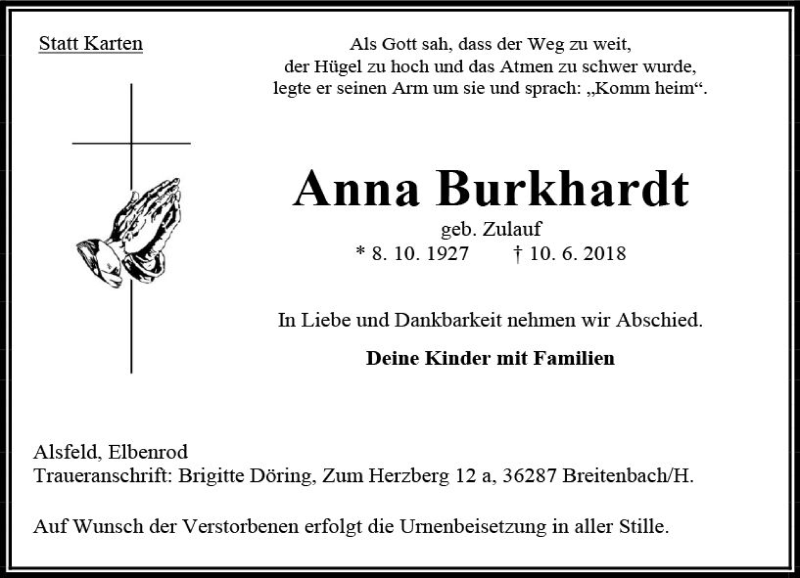  Traueranzeige für Anna Burkhardt vom 13.06.2018 aus VRM Trauer