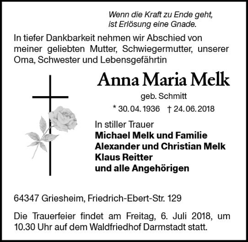  Traueranzeige für Anna Maria Melk vom 30.06.2018 aus Trauerportal Rhein Main Presse