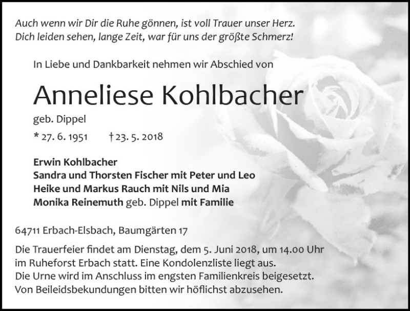  Traueranzeige für Anneliese Kohlbacher vom 02.06.2018 aus Trauerportal Rhein Main Presse