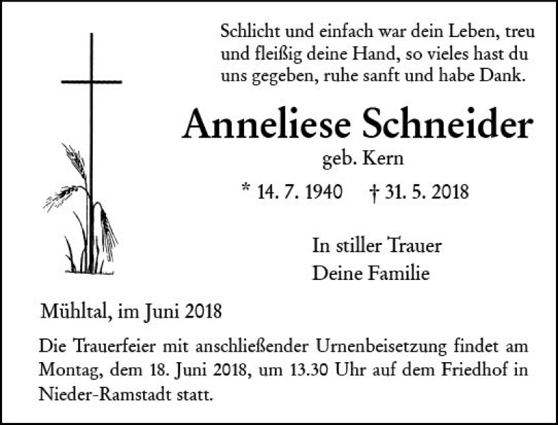  Traueranzeige für Anneliese Schneider vom 16.06.2018 aus Trauerportal Rhein Main Presse