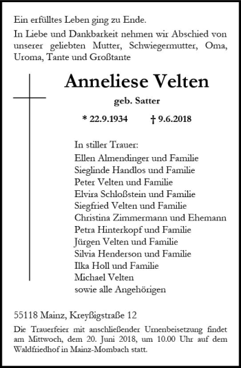 Traueranzeige von Anneliese Velten von Trauerportal Rhein Main Presse