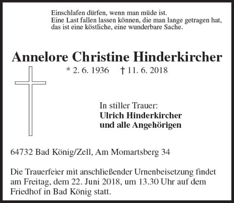  Traueranzeige für Annelore Christine Hinderkircher vom 16.06.2018 aus Trauerportal Rhein Main Presse