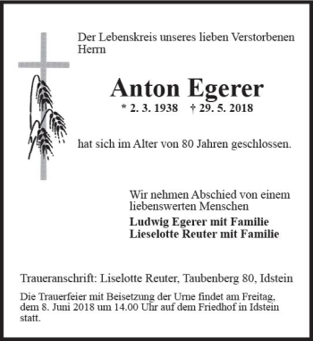 Traueranzeige von Anton Egerer von Trauerportal Rhein Main Presse