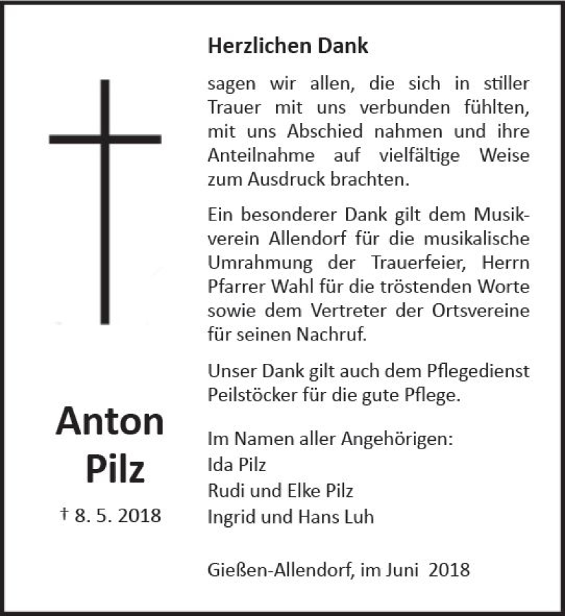 Traueranzeige für Anton Pilz vom 09.06.2018 aus  Gießener Anzeiger