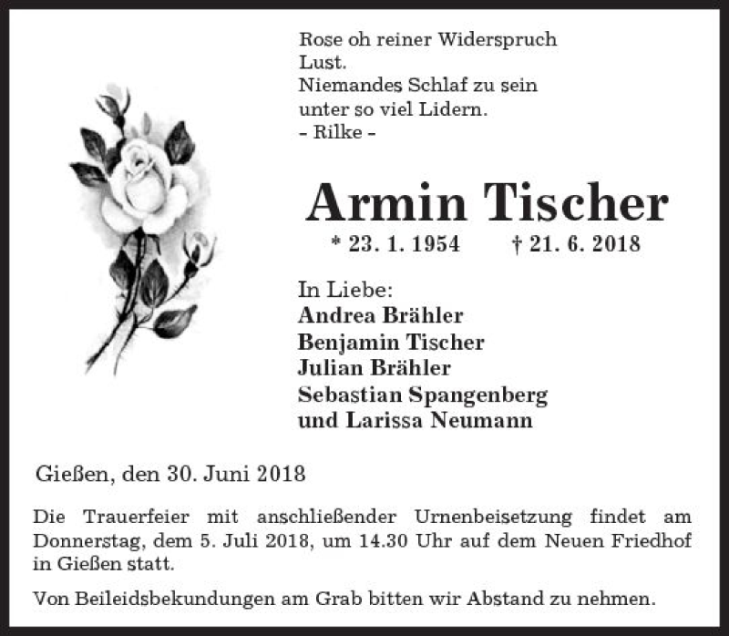  Traueranzeige für Armin Tischer vom 30.06.2018 aus  Gießener Anzeiger