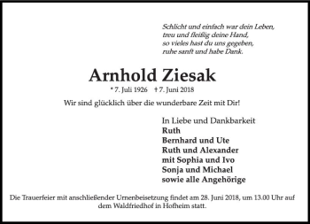 Traueranzeige von Arnhold Ziesak von Trauerportal Rhein Main Presse